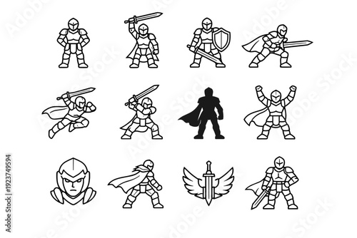 Fantasy Hero. Line icon set of Fantasy Hero: armored hero, hero with sword raised, hero with shield, hero charging forward, hero leap attack, hero battle