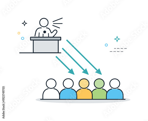 Speaker addressing audience with arrows indicating communication flow and engagement
