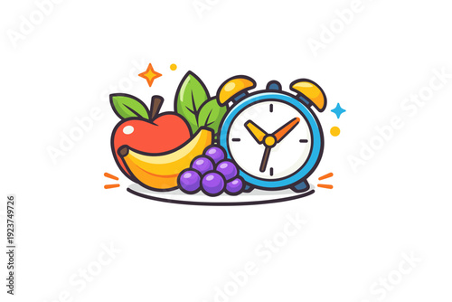 Choosing healthy snacks for work a compact wellness badge with fruit icons, leaves, and a small clock, representing energy management and healthy workday