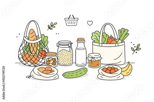 Low-waste grocery shopping scene. Reusable bags, glass jars, and loose produce arranged in a calm editorial market setup. Conscious choice, simplicity, and