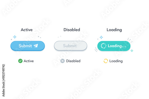 Buttons and UI elements. A set of rounded buttons in different states, active, disabled, and loading, arranged neatly. Clear visual explanation of interface