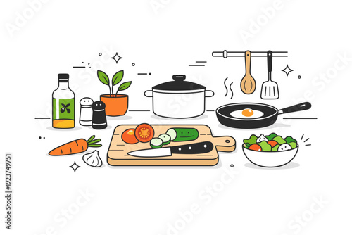 Cooking at home. Editorial-style abstract scene with a kitchen counter, cutting board, vegetables, and simple cookware arranged neatly. Calm ???????? ?????????