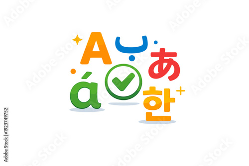 Type for web accessibility illustrated by multilingual letter shapes arranged neatly around a small checkmark, suggesting inclusive