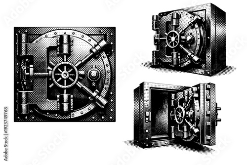 Bank vault heavy steel safe door. Black and white dot style with halftone texture and high contrast. Halftone texture with partial solid