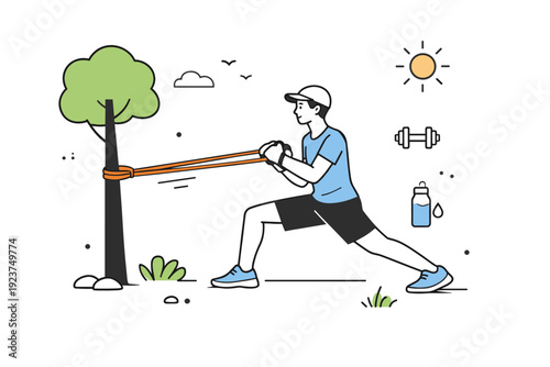 Resistance band strength workout outside. A person anchoring a band to a pole or tree and performing strength exercises, emphasizing stability and focus. Clean