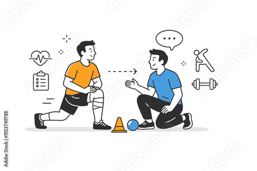 Guided return-to-training session. Coach demonstrating gentle movements to athlete, supportive communication and careful observation, safe