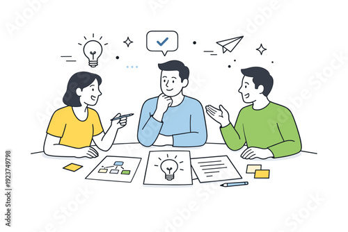 Creative problem-solving moments ? Team brainstorming together. Two or three people discussing ideas around a table, documents and simple diagrams between