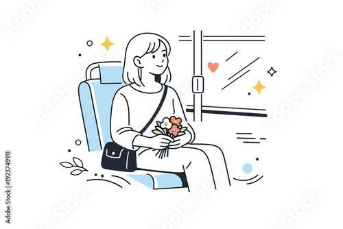 Women on public transport with flowers. A woman sitting on a bus holding a small bouquet on her lap, relaxed posture and thoughtful gaze. Quiet commute moment,