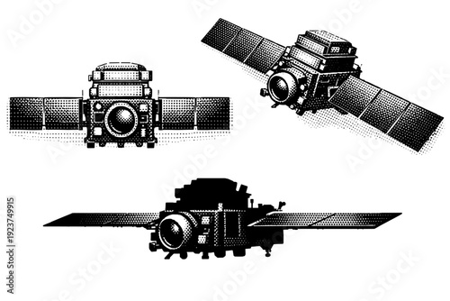 Satellite object earth observation satellite with rectangular bus, layered instrument housing, and wide solar wings, displayed in front