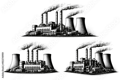 Industrial factory power plant facility. A large-scale industrial power plant with turbine hall volume, cooling structures, and multiple