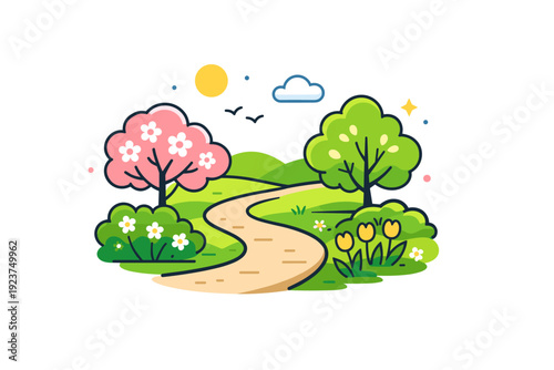 Casual walk in spring park simple path surrounded by fresh greenery and blossoms, reflecting slow living, clarity and seasonal joy. Minimalist flat vector