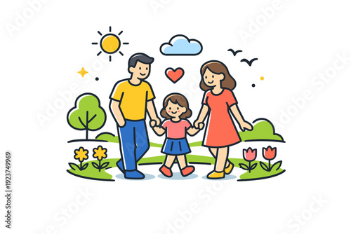 Family love spring concept gentle family walk in a park with flowers and fresh greenery, conveying harmony, bonding, and shared springtime