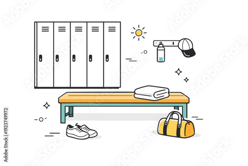 Gyms early morning emptiness. Locker room scene with open bench, closed lockers, and folded towel, softly lit by early light. Stillness and