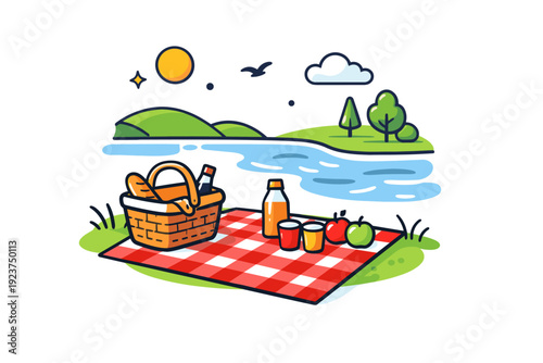 Picnic by the river relaxing outdoor moment with a blanket, basket and calm flowing water, expressing leisure, nature connection and simple