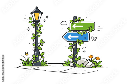 Overgrown city details. Street sign and lamppost wrapped with vines and small leaves, soft shadows on the pavement. Subtle nature takeover in