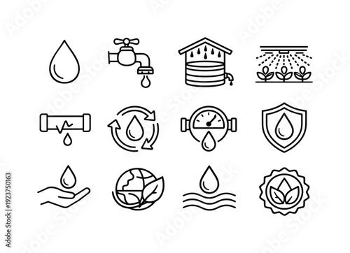 Water Conservation Icons. Water Conservation. Line outline icon set of Water Conservation: water drop, tap