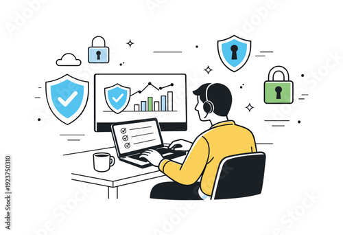 Cybersecurity analyst monitoring data and security protocols on computer systems