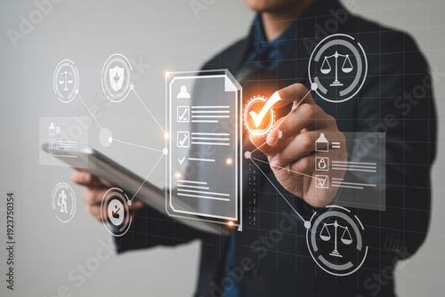 Business compliance and legal requirements concept with digital document verification. Law for sustainable growth.