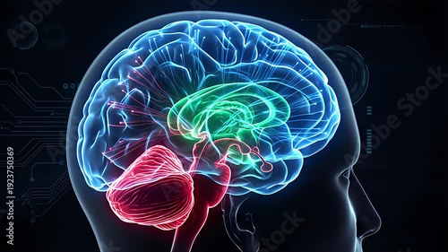 Human brain anatomy glowing blue cortex green limbic system red cerebellum inside head profile. Neurology science artificial intelligence technology