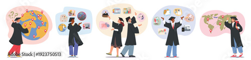 Graduating students in caps and gowns thinking about their future careers choosing profession set