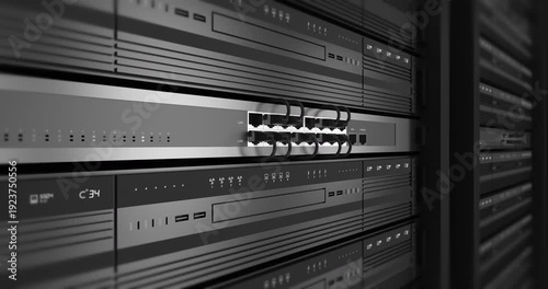 Data processing servers operating in secure server environment. Technology Related 3D 4K Animation.