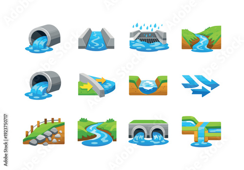 Culverts and channels. Colorful flat vector icons set of Culverts and channels: concrete