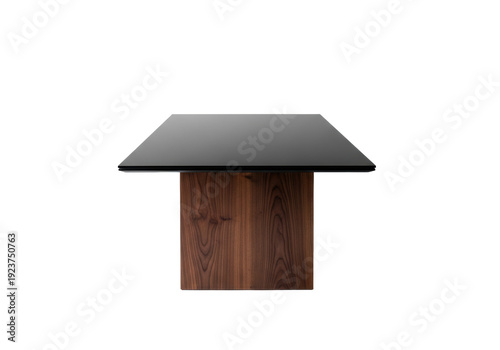 a modern minimalist dining table with a polished dark walnut base and sleek smoked black glass top, isolated against a white studio background, showcasing luxury furniture design