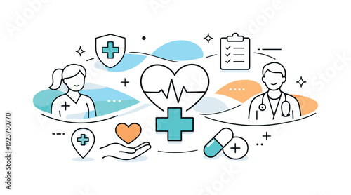 Modern healthcare illustration with doctors, nurses, heart, and medical symbols