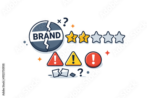 Loss of brand credibility after hacking a cracked star rating icon next to a damaged brand mark and scattered warning signs, conveying public