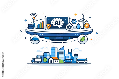 AI powered city management abstract control hub hovering above a city skyline, conveying intelligent coordination of resources and urban
