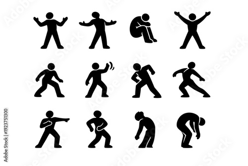 Expressive Movement. Solid icon set of Expressive Movement: emotional pose, open chest gesture, inward curl, expansive reach, grounded step, flowing arm wave,