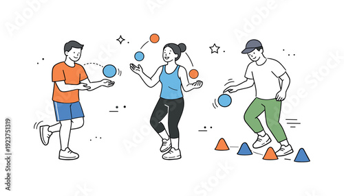Three people juggling balls in a fun, active outdoor setting with cones