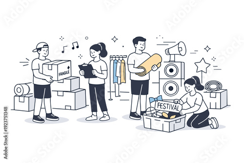 Festival logistics team. Volunteers organizing boxes, props, and equipment in a storage area. Smooth coordination and responsibility with clean visual order.