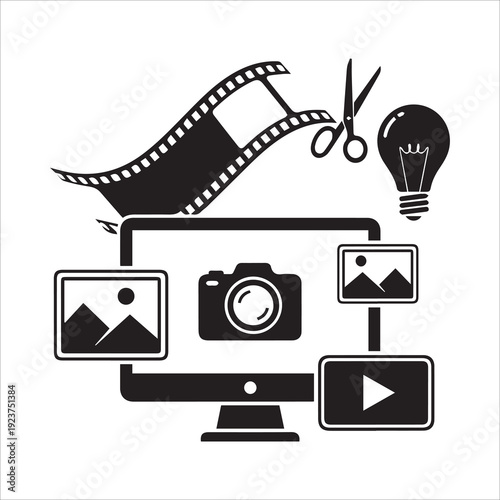 Digital media creation concept with monitor, film, camera, lightbulb, and editing tools.