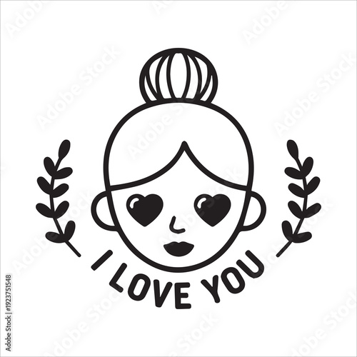 Woman's face with heart eyes and "I Love You" text, romantic floral frame illustration.