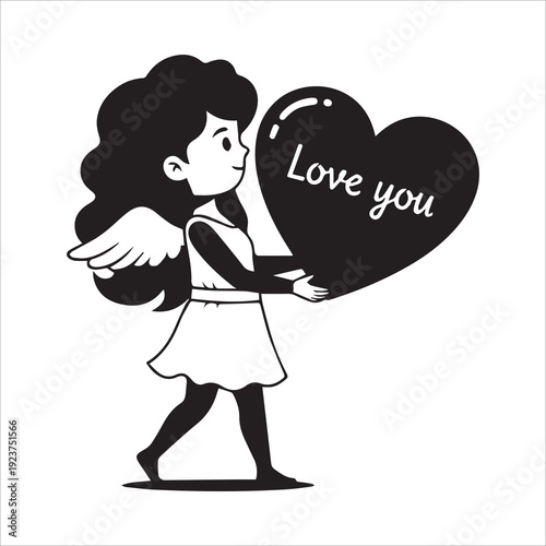 Cute cupid girl with wings carrying a large "Love you" heart, romantic character.