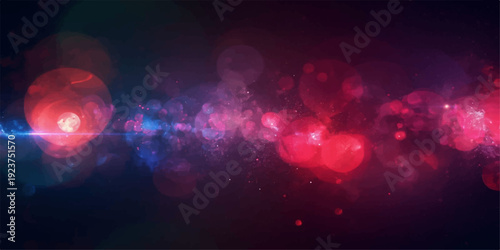 An abstract colorful lights background features a glowing purple and red plasma wave with shiny bright stars and energy blurs across a dark night sky space design