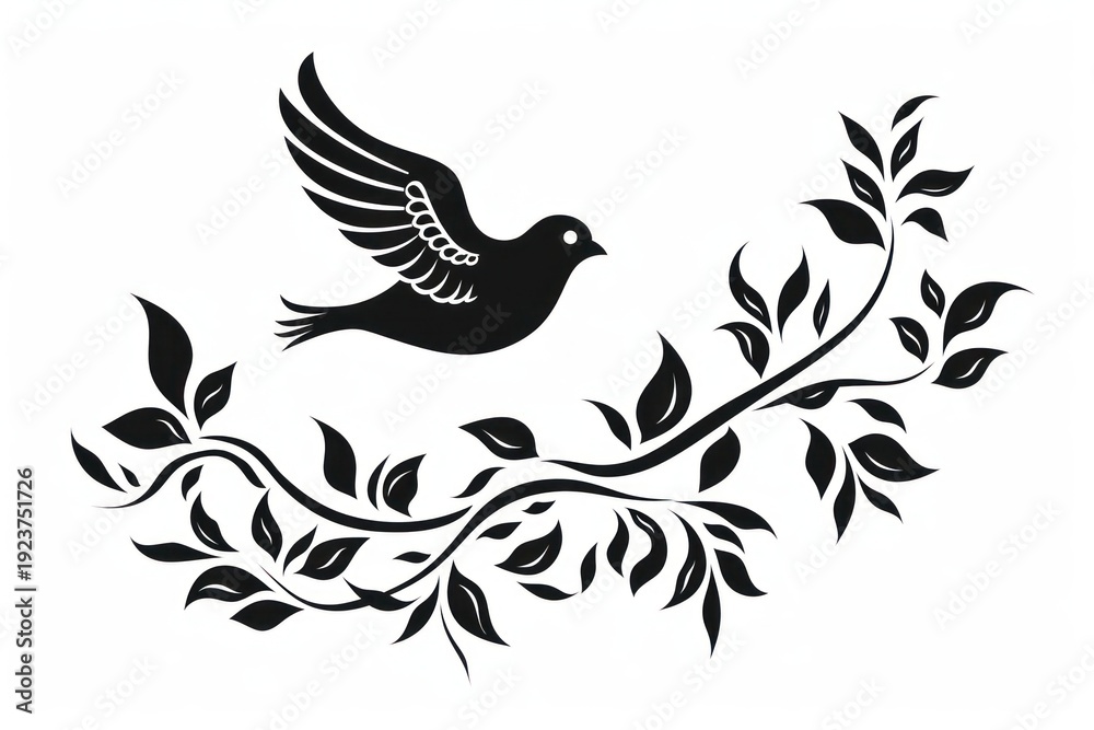 Obraz premium Dove with branch leaves pattern drawing white.