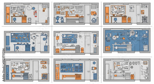 Detailed architectural floor plans showcasing various interior design layouts and room arrangements.