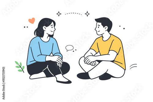 Silent conversations through body language. Two seated figures angle their bodies toward each other, hands resting calmly, sharing presence without speaking.