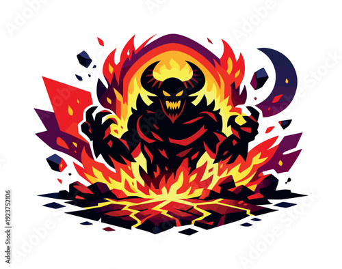 Demon Rises. Demonic emergence. A towering demon rising from a glowing portal, flames and ash swirling around