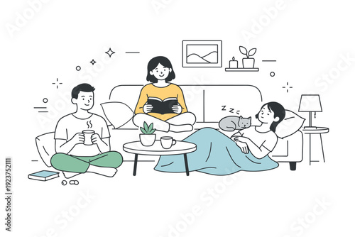 Low-energy socializing. A calm home scene with people sharing space quietly, phones set aside, soft atmosphere. Restful social time and