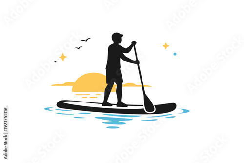 Paddleboarding at sunrise. Silhouette-style figure paddling smoothly with gentle water ripples and warm morning light. Calm motion and quiet