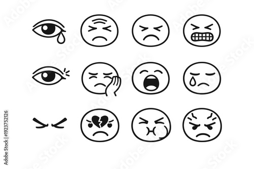 Facial pain indicators. Line icon set of Facial pain indicators: teary eye, wrinkled forehead, frowning mouth, clenched jaw, twitching eye,