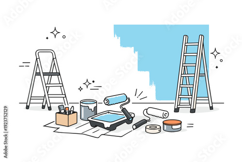Home renovation. Room mid-renovation with paint rollers, ladders, and one wall freshly painted. Scene shows progress, effort, and