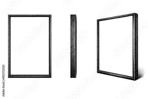 Advertisement poster frame described as a single rectangular layout object shown in three views: front view, side view, and three-quarter