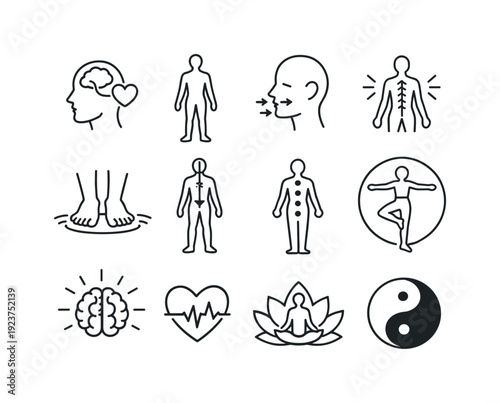 Mind body awareness. Line outline icon set of mind body awareness: head heart connection,