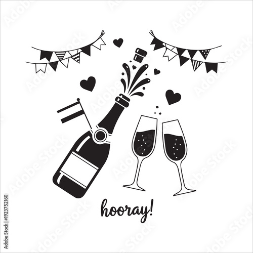 Champagne Bottle Popping with Glasses, Hearts and "Hooray!" for Celebrations