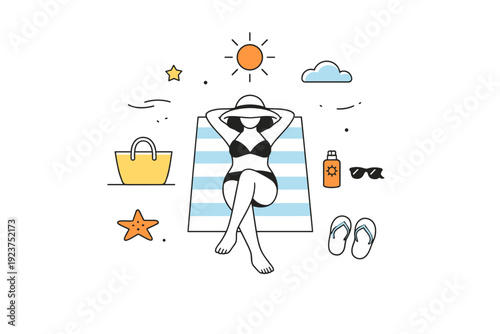 Minimal summer sun relaxation. A clean composition shows a person sunbathing with plenty of white space and soft visual rhythm. The mood is serene, modern, and