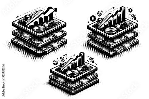 Modular Financial Stack. Investment portfolio modular financial stack. Black and white dot style with halftone texture and high contrast. Halftone texture with
